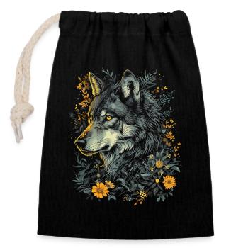 Wolf Wolfskopf Blumen Pflanzen Natur Wildnis Kunst - Verschließbarer Geschenkbeutel aus Baumwolle (14x20cm) - Schwarz - Vorne