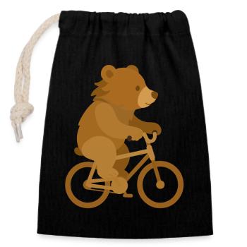 Fröhlicher Bär auf Fahrrad –Verspieltes Tierdesign - Verschließbarer Geschenkbeutel aus Baumwolle (14x20cm) - Schwarz - Vorne