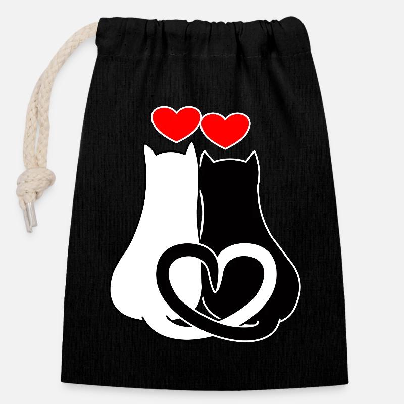 Chats amoureux de cœurs - Sac cadeau en coton avec cordon (14 x 20 cm) - noir