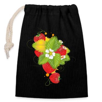Fraises rouges aux fleurs vertes et blanches juteuses - Sac cadeau en coton avec cordon (14 x 20 cm) - noir - Devant