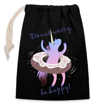 Donut Worry Einhorn Unicorn - Verschließbarer Geschenkbeutel aus Baumwolle (14x20cm) - Schwarz - Vorne