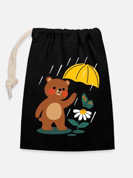  Bär mit regenschirm - Verschließbarer Geschenkbeutel aus Baumwolle (14x20cm) - Schwarz