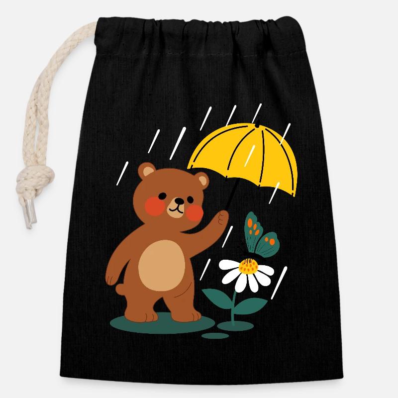  Bär mit regenschirm - Verschließbarer Geschenkbeutel aus Baumwolle (14x20cm) - Schwarz