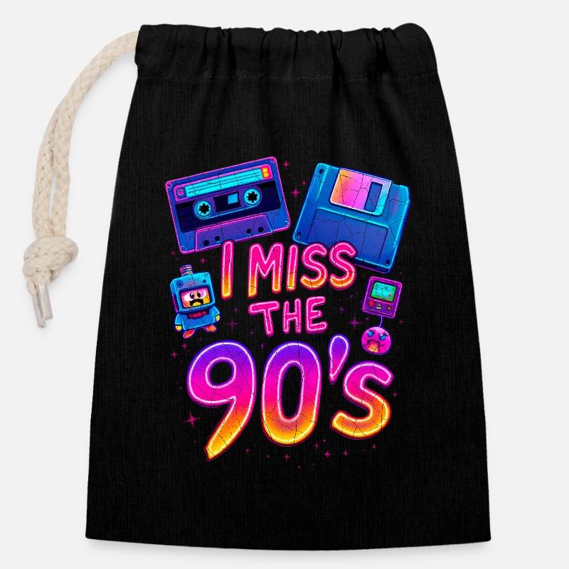 Ich vermisse die 90er – Neon-Retro-Nostalgie - Verschließbarer Geschenkbeutel aus Baumwolle (14x20cm) - Schwarz