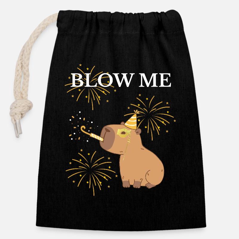 Blow Me Capibara and Fireworks - Closable cotton gift bag (14x20cm) - black