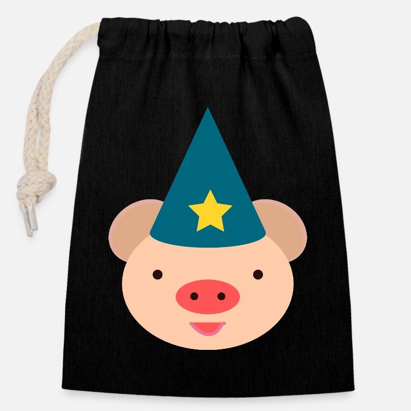 Piggy Magic Hat Cartoon - Closable cotton gift bag (14x20cm) - black