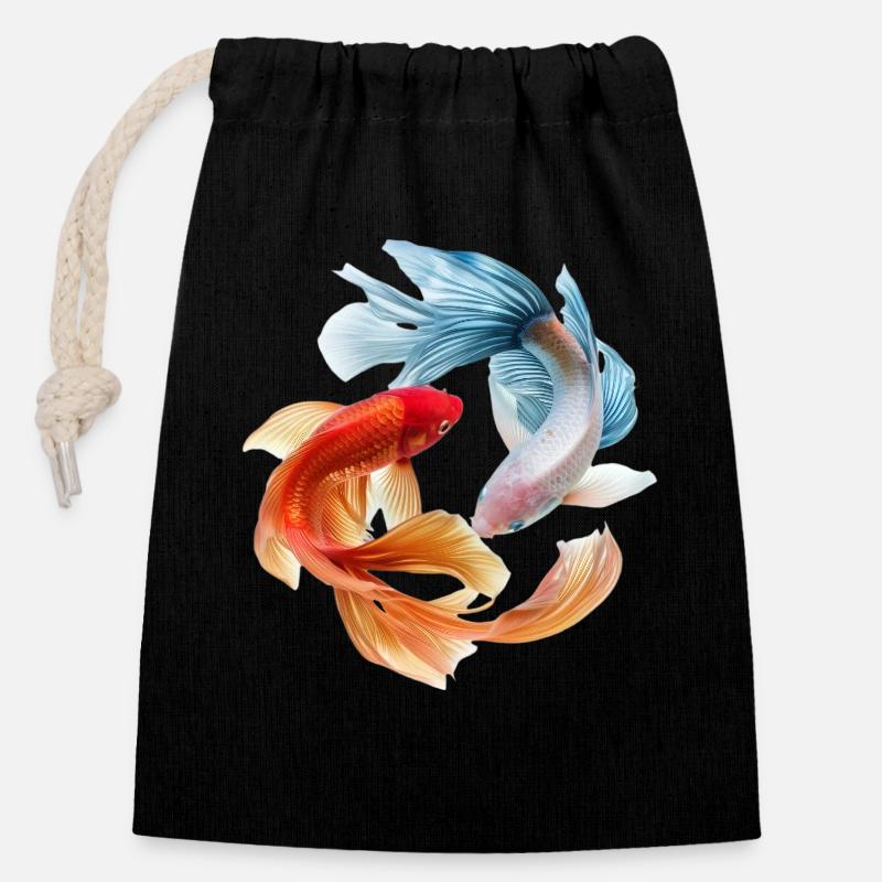 Roue des carpes carpes : paire de poissons rouges - Sac cadeau en coton avec cordon (14 x 20 cm) - noir