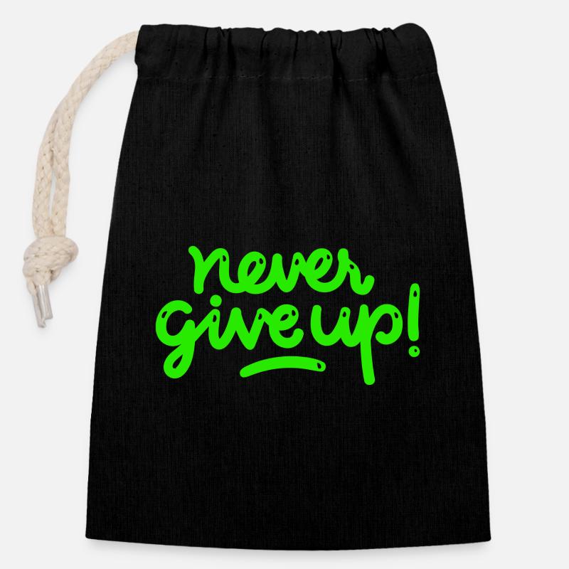 Never Give Up - Sac cadeau en coton avec cordon (14 x 20 cm) - noir