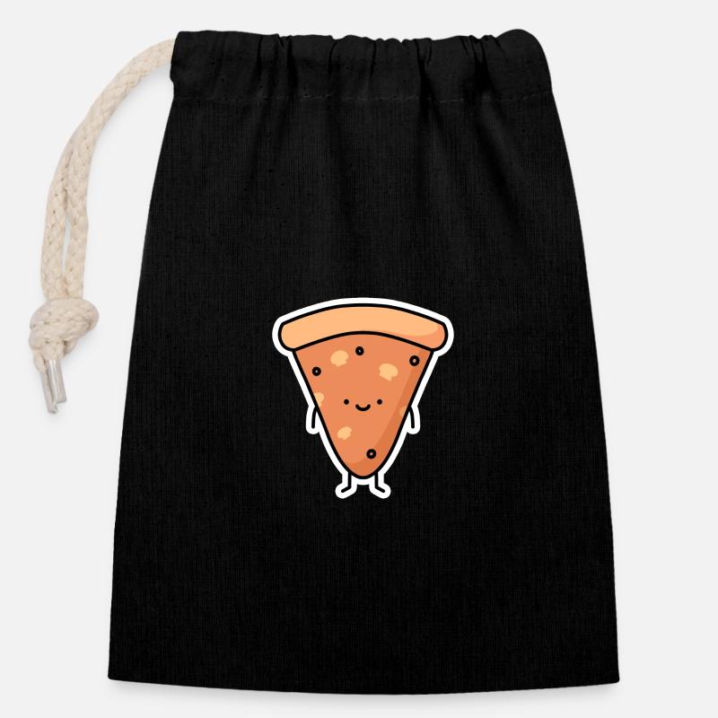 Dessin animé de pizza riant - Sac cadeau en coton avec cordon (14 x 20 cm) - noir