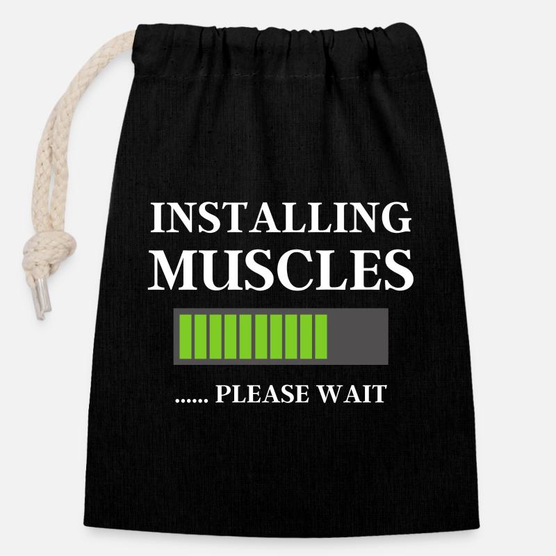 Funny Gym Workout Gifts Installing Muscles Please - Closable cotton gift bag (14x20cm) - black