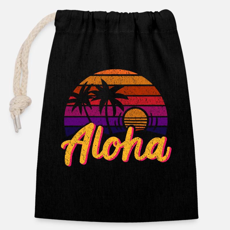 Aloha Rétro - Sac cadeau en coton avec cordon (14 x 20 cm) - noir