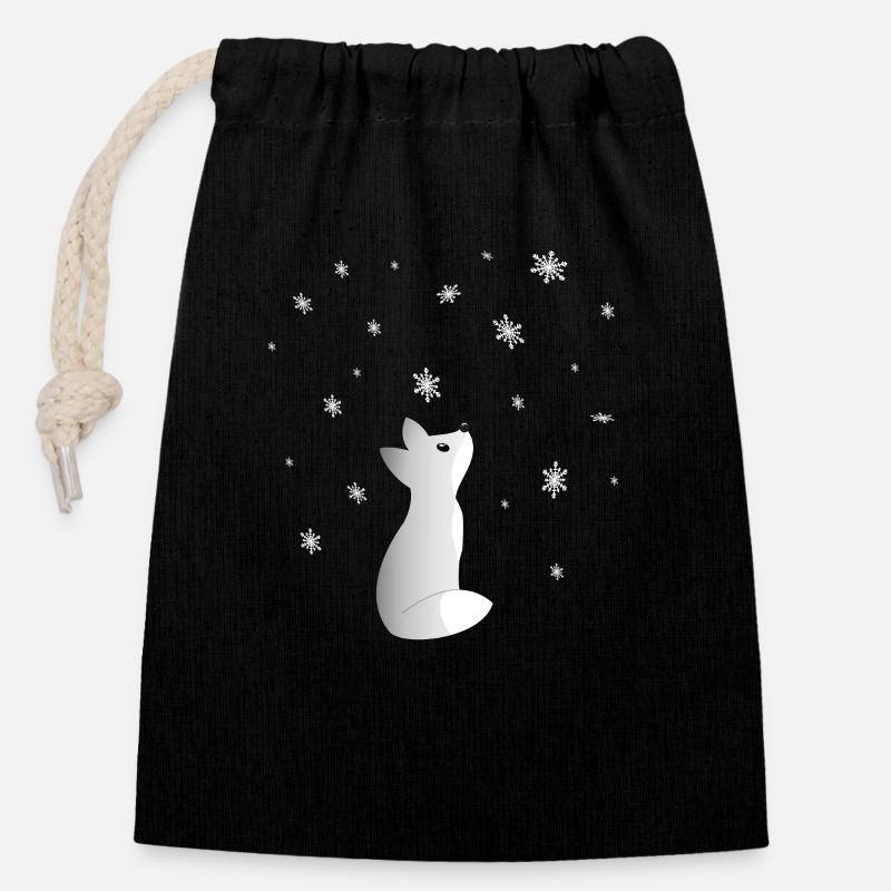 A Cute Snow Fox Watching Snowflakes Beautiful - Closable cotton gift bag (14x20cm) - black