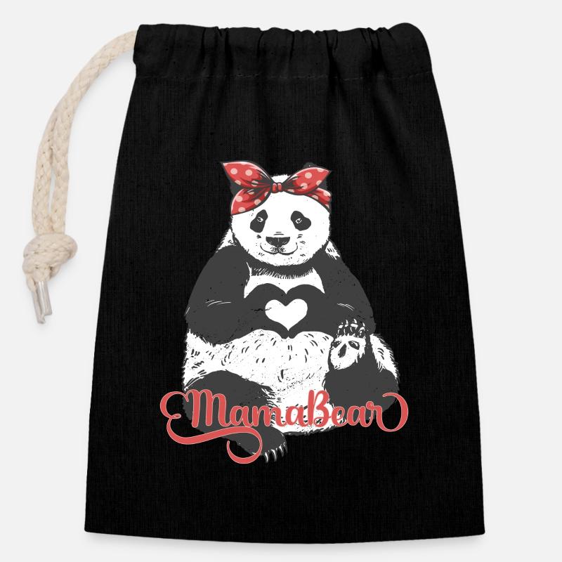 "MamaBear" Panda mit rotem Bandana und Händeherz - Verschließbarer Geschenkbeutel aus Baumwolle (14x20cm) - Schwarz