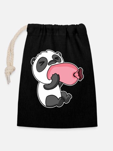 Panda mit Wurst - Verschließbarer Geschenkbeutel aus Baumwolle (14x20cm) - Schwarz