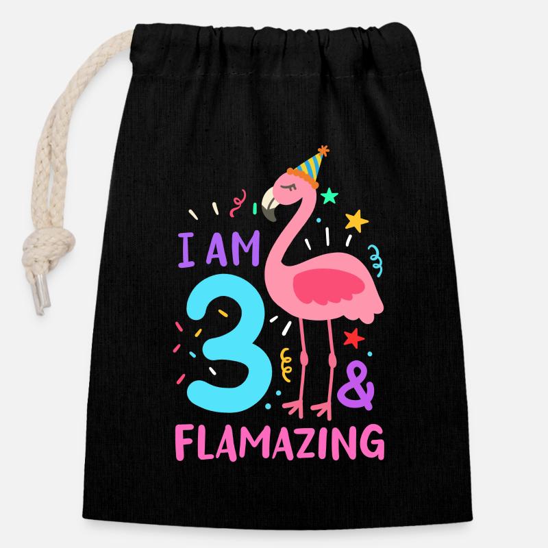 3. Geburtstag Flamingo - Verschließbarer Geschenkbeutel aus Baumwolle (14x20cm) - Schwarz