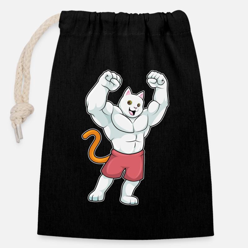 Katze als Bodybuilder mit großen Muskeln - Verschließbarer Geschenkbeutel aus Baumwolle (14x20cm) - Schwarz