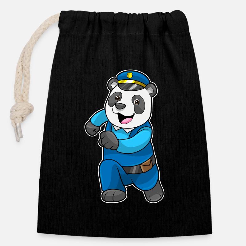 Panda as a policeman with a police cap - Closable cotton gift bag (14x20cm) - black