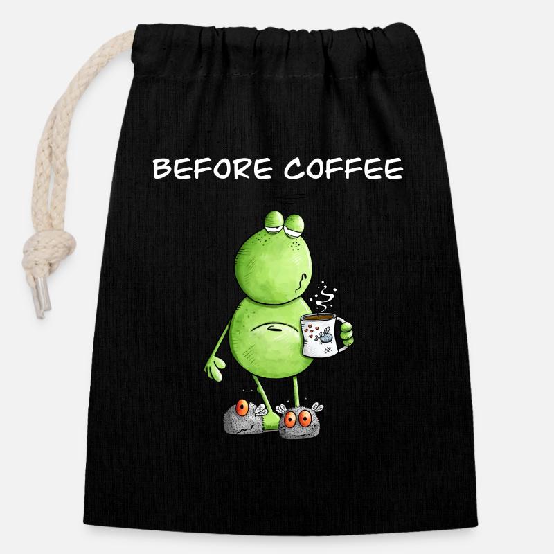 Before Coffee I Morgenmuffel Frosch I Kaffee - Verschließbarer Geschenkbeutel aus Baumwolle (14x20cm) - Schwarz