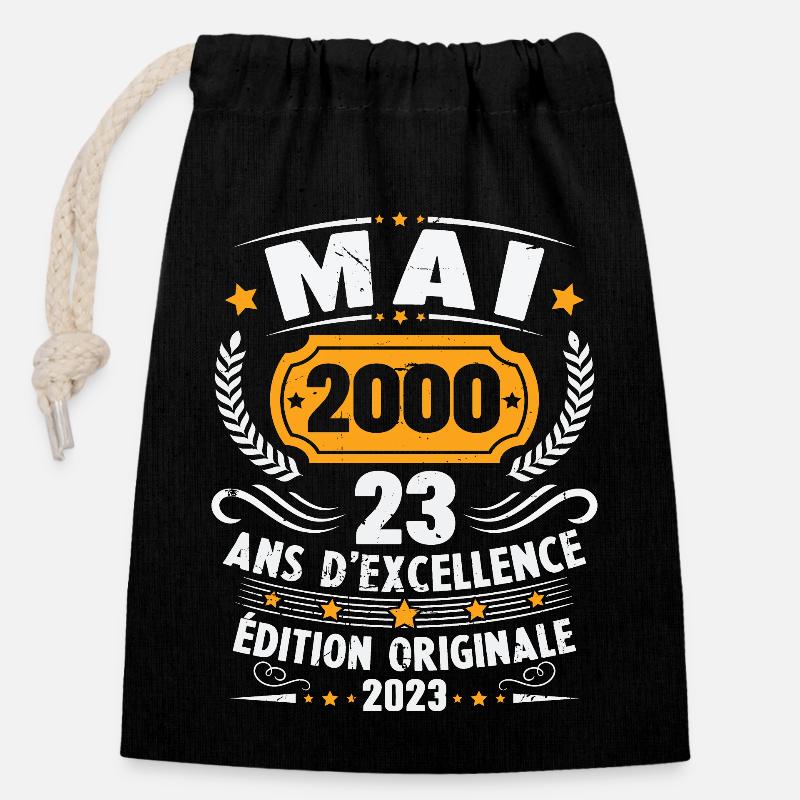 Cadeau D'anniversaire 23 Ans Mai 2000 Vintage - Sac cadeau en coton avec cordon (14 x 20 cm) - noir