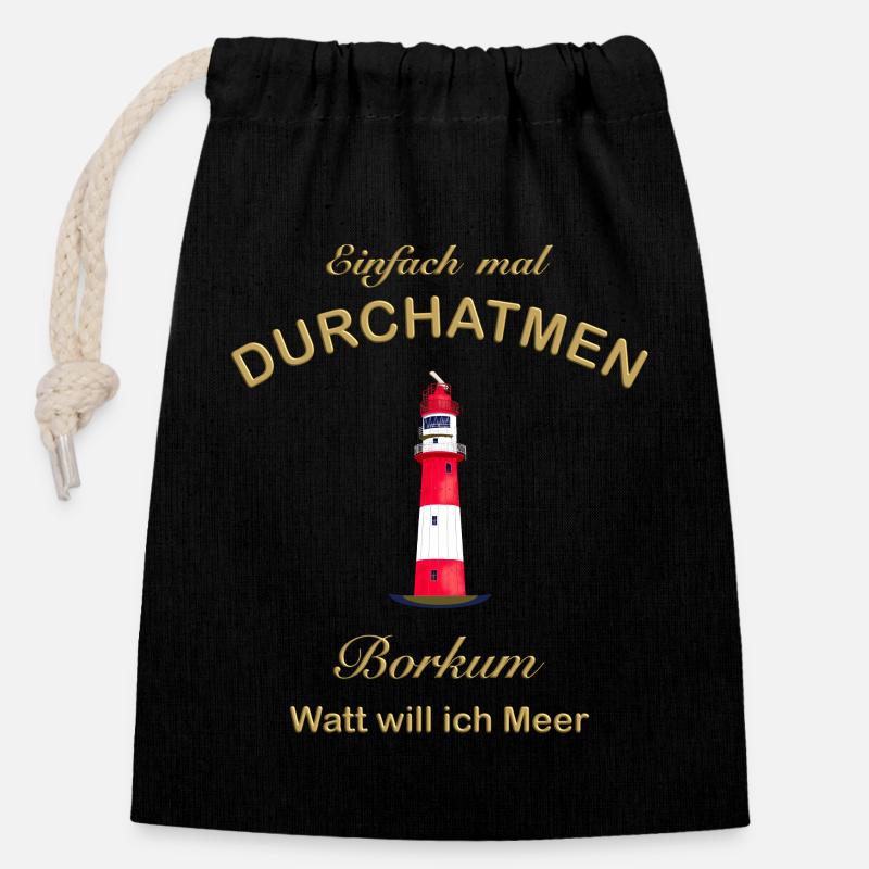 Borkum, Watt will ich Meer, Durchatmen, Nordsee - Verschließbarer Geschenkbeutel aus Baumwolle (14x20cm) - Schwarz