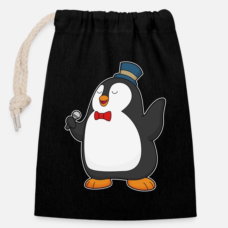 Penguin Singer Microphone - Sac cadeau en coton avec cordon (14 x 20 cm) - noir