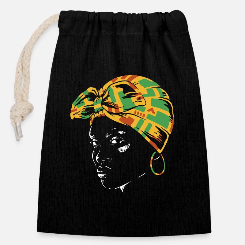 Kente Kopfwrap Portrait - Verschließbarer Geschenkbeutel aus Baumwolle (14x20cm) - Schwarz