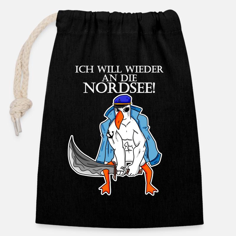 Nordsee Plattdeutsch Spruch Moin Möwe - Verschließbarer Geschenkbeutel aus Baumwolle (14x20cm) - Schwarz