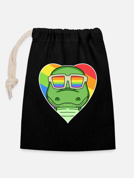 Regenbogen - Krokodil mit Brille - Verschließbarer Geschenkbeutel aus Baumwolle (14x20cm) - Schwarz