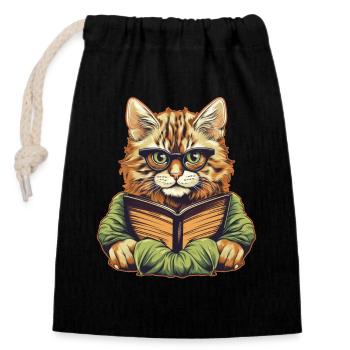 Katze mit Buch - Verschließbarer Geschenkbeutel aus Baumwolle (14x20cm) - Schwarz - Vorne