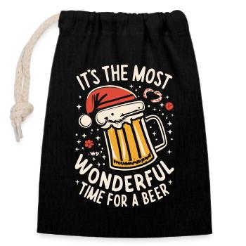 Nikolausmütze Weihnachtsmann- Bierliebhaber Spruch - Verschließbarer Geschenkbeutel aus Baumwolle (14x20cm) - Schwarz - Vorne