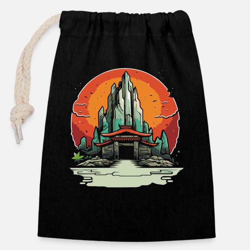 Japanischer Anime Tempel - Verschließbarer Geschenkbeutel aus Baumwolle (14x20cm) - Schwarz