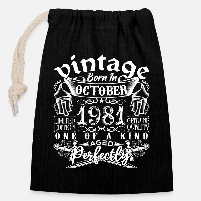 1981 Octobre 1981 anniversaire October 1981 - Sac cadeau en coton avec cordon (14 x 20 cm) - noir
