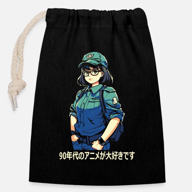 I love 90's anime - Closable cotton gift bag (14x20cm) - black