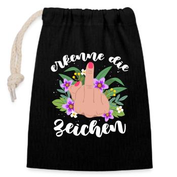 Erkenne die Zeichen, Mittelfinger, Funshirt, Spaß - Verschließbarer Geschenkbeutel aus Baumwolle (14x20cm) - Schwarz - Vorne