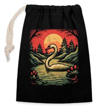 Gravure sur bois avec cygne sur un lac - Sac cadeau en coton avec cordon (14 x 20 cm) - noir - Devant