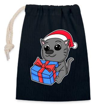 Chat Noël - Sac cadeau en coton avec cordon (14 x 20 cm) - bleu marine - Devant