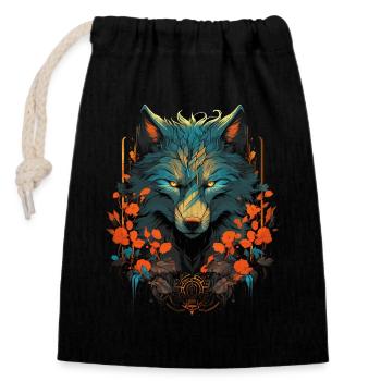 Wolf Wolfskopf Mystisch Blumen Natur Wildnis Kunst - Verschließbarer Geschenkbeutel aus Baumwolle (14x20cm) - Schwarz - Vorne