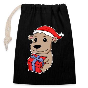 Ours avec chapeau de Père Noël - Noël - Sac cadeau en coton avec cordon (14 x 20 cm) - noir - Devant