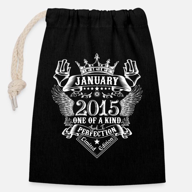 2015 Janvier 2015 anniversaire Janvier 2015 - Sac cadeau en coton avec cordon (14 x 20 cm) - noir