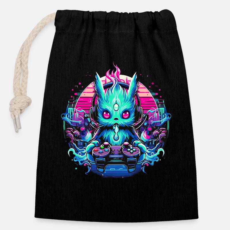 Synthwave Zocker Gaming Alien - Verschließbarer Geschenkbeutel aus Baumwolle (14x20cm) - Schwarz