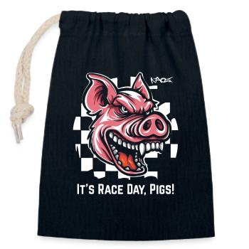 Always Ready for Race, Checkered Flag Pig - Closable cotton gift bag (14x20cm) - navy - Front