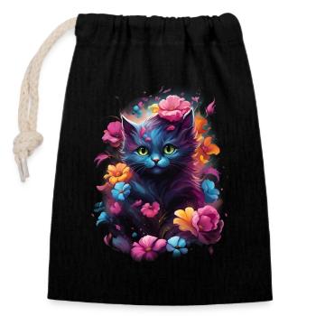 Chat fantastique mignon dans des fleurs colorées - Sac cadeau en coton avec cordon (14 x 20 cm) - noir - Devant
