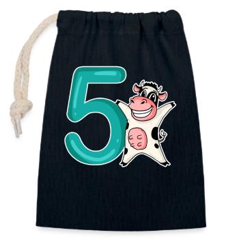 Motif 5ème anniversaire Vache - Cinq ans - Sac cadeau en coton avec cordon (14 x 20 cm) - bleu marine - Devant