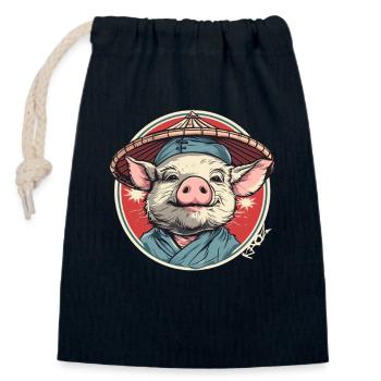 Chinese Peasant with Straw Hat Cartoon Pig - Closable cotton gift bag (14x20cm) - navy - Front