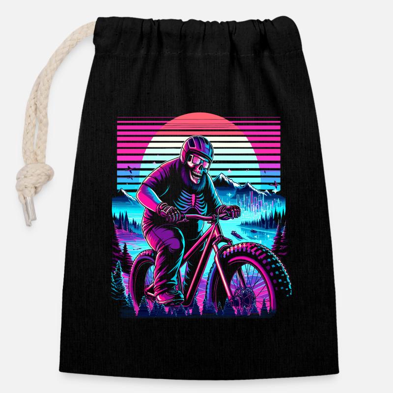 Synthwave Skelett Biker Fatbike Retro Sunset - Verschließbarer Geschenkbeutel aus Baumwolle (14x20cm) - Schwarz