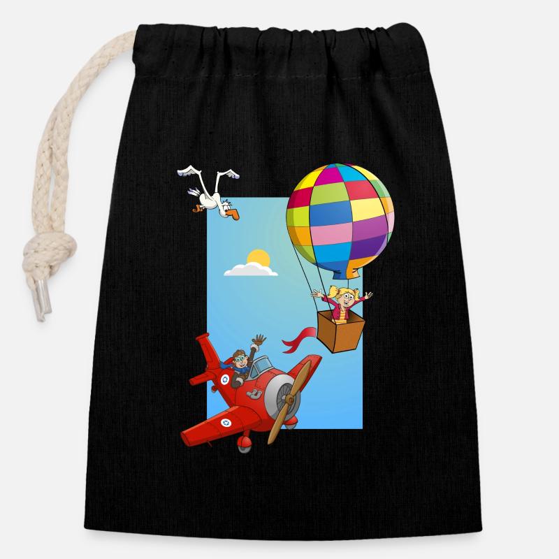 Fille dans une montgolfière et un avion rouge - Sac cadeau en coton avec cordon (14 x 20 cm) - noir