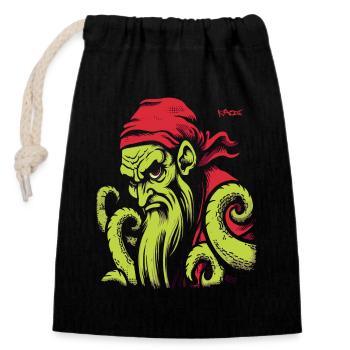 Retro Cartoon Kraken Pirate - Closable cotton gift bag (14x20cm) - black - Front