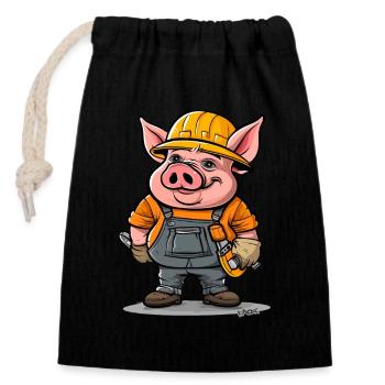 Cochon drôle d’ouvrier de la construction de bande dessinée - Sac cadeau en coton avec cordon (14 x 20 cm) - noir - Devant