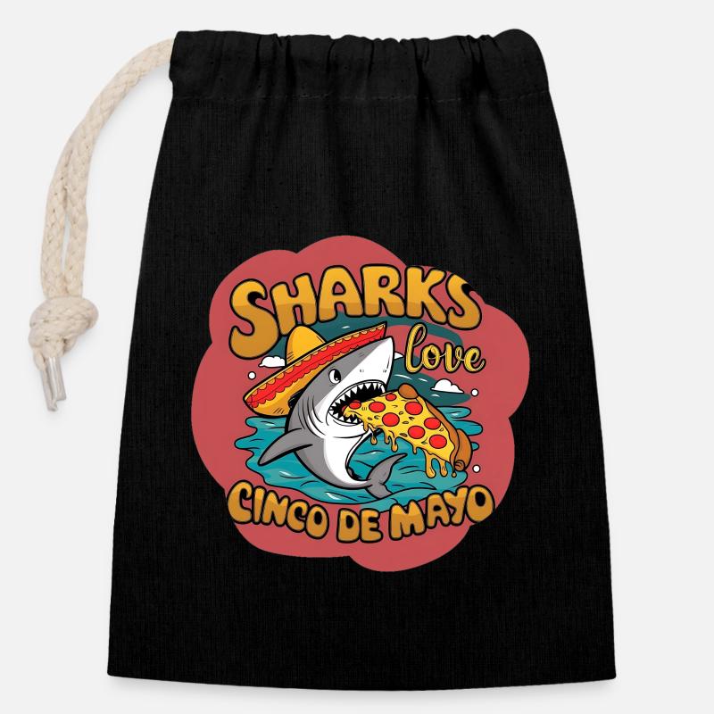 requin nageur avec chapeau mexicain et pizza - Sac cadeau en coton avec cordon (14 x 20 cm) - noir