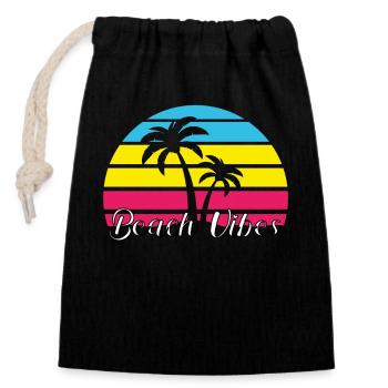 Ambiance de plage. Été, Soleil, Vacances, Palmiers, Rétro, - Sac cadeau en coton avec cordon (14 x 20 cm) - noir - Devant